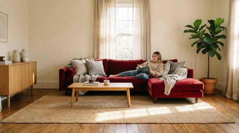 Czerwona sofa w salonie: jak stonować wnętrze odpowiednimi dodatkami